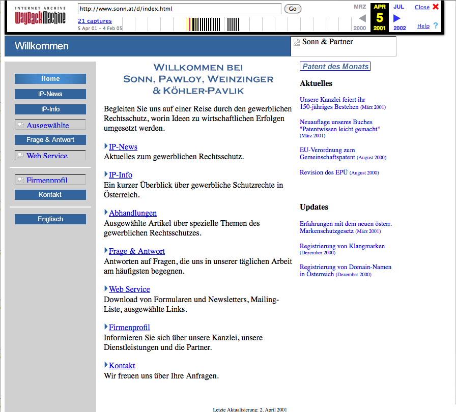 Die www.sonn.at Website im Jahr 2001